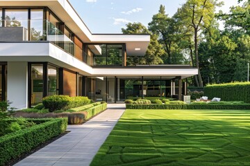 Naklejka premium A suburban home with a well-manicured lawn and a pathway leading up to the entrance