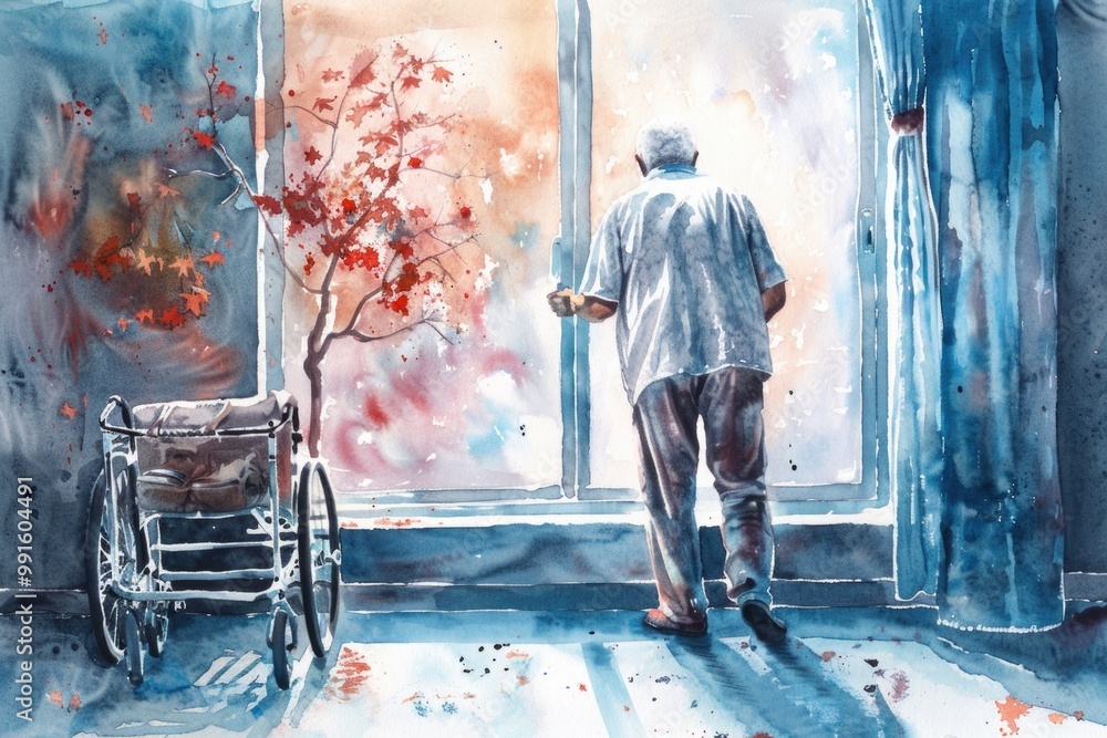Aufkleber A portrait of a person gazing outside through an open window, with potential uses in editorial and commercial contexts