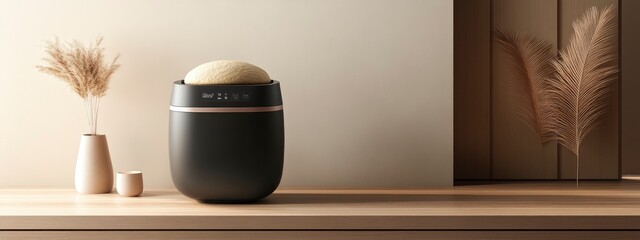 Digital bread maker kneading dough, display showing time remaining, soft warm glow from the machine