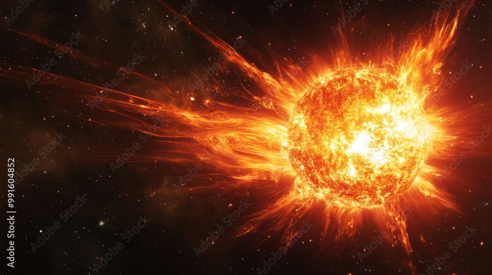 Wall mural star in its red giant phase, glowing brightly with visible solar winds and expanding into space