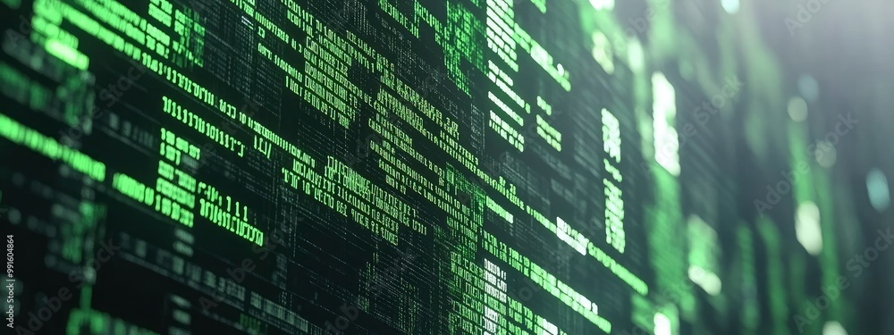 Poster digital dna sequence flowing across a screen, soft green and white light reflecting off the display