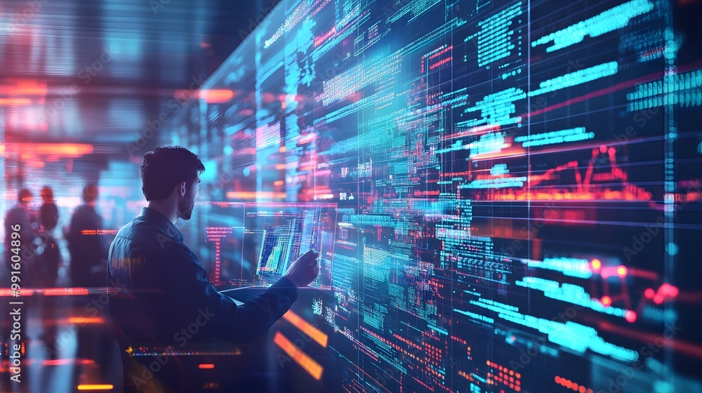 Poster a programmer interacting with digital code on a large screen