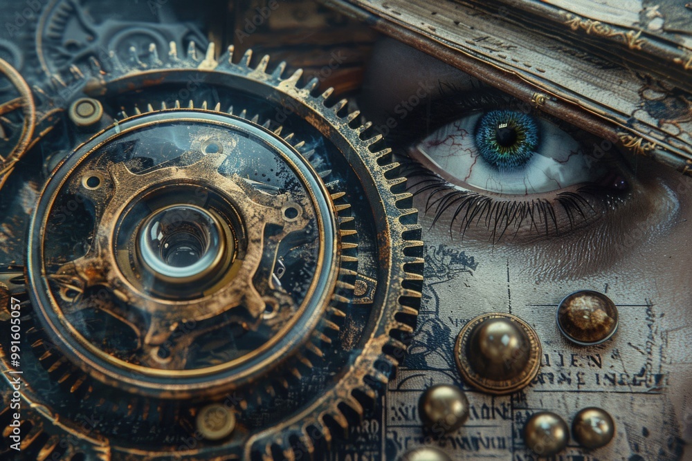 Poster A detailed shot of someone's facial expression with a clock in the background, suitable for time-related or introspective concepts