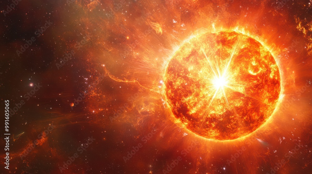 Wall mural star in its red giant phase, glowing brightly with visible solar winds and expanding into space