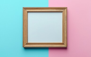 Wooden frame on a vibrant pastel background with split turquoise and pink colors
