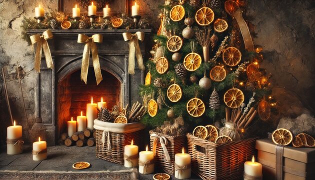 Cozy Christmas fireplace and tree with glowing candles and dried oranges - Powered by Adobe
