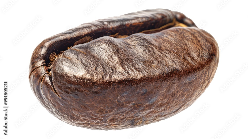 Poster a high-quality image of a single coffee bean on a clean white background, ideal for use in food-rela