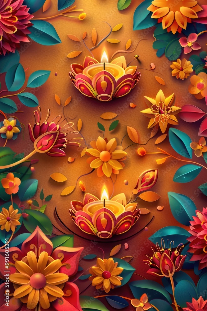 Poster A decorative arrangement of paper flowers surrounding a lit candle