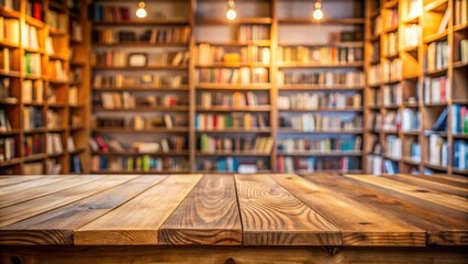 Empty wooden table with blurred bookshelves in a cozy bookstore setting