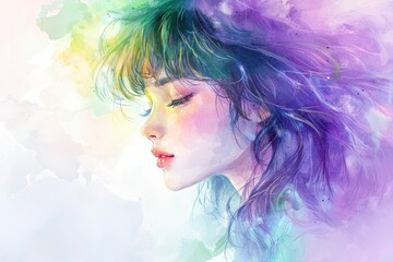 Dreamlike watercolor painting of an anime girl with vibrant, flowing rainbow-colored hair and expressive eyes.