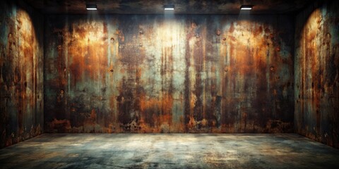Dark and grungy room with rusty metal textures and creative design