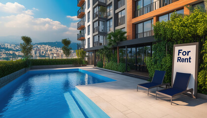 A modern residential complex with a swimming pool, "for-sale" sign in the yard, Real Estate Concept