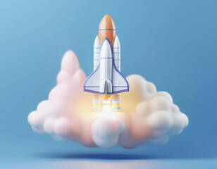 Obraz premium A rocket blasts off from a fluffy cloud, 3D illustration
