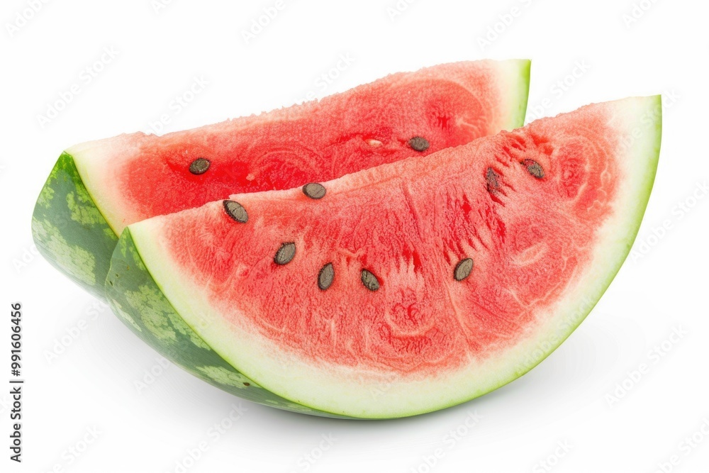 Poster fresh watermelon slice with visible seeds on a clean white background