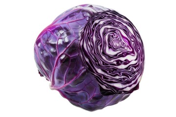 Obraz premium Close-up of a vibrant purple cabbage on a clean white background, ideal for use in recipes and food-related content