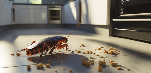  Close-up of a cockroach on a modern kitchen floor, next to scattered bread crumbs. 