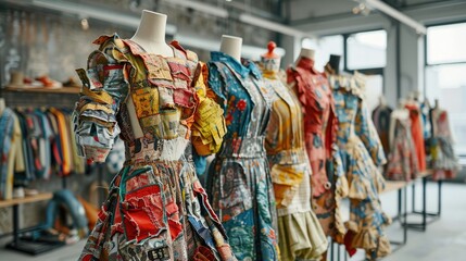 Obraz premium A row of mannequins dressed in colorful, patterned dresses, showcasing a vibrant and eclectic fashion collection.