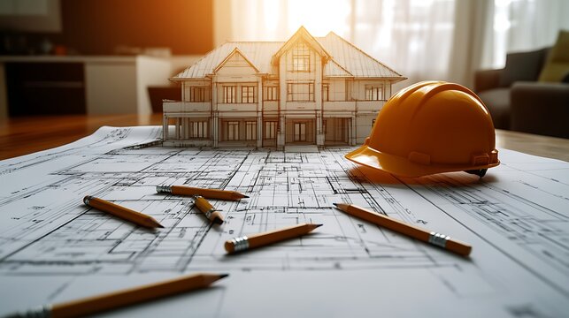 A highly detailed architectural blueprint with drafting pencils scattered across the front, and a hard hat resting on the side of the table,