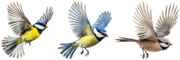 Flying Birds Colelction on Transparent Background – Blue Tit, Great Tit, and Long-Tailed Tit Isolated with Detailed Feathers and Motion in Flight for Wildlife and Nature Designs
