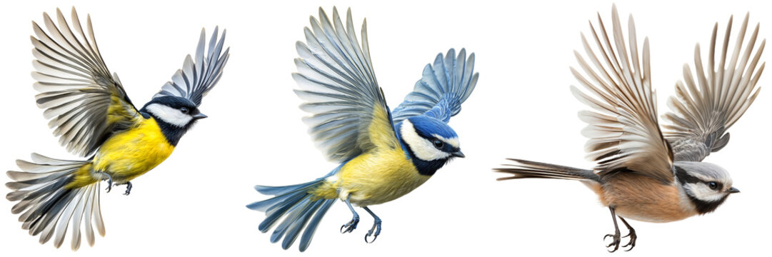 Flying Birds Colelction on Transparent Background &ndash; Blue Tit, Great Tit, and Long-Tailed Tit Isolated with Detailed Feathers and Motion in Flight for Wildlife and Nature Designs