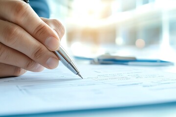 Close-up of hand holding pen, writing on paper in a professional setting.