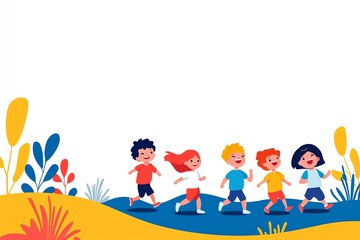 Fototapeta premium Children running joyfully in a colorful landscape, white isolated background.