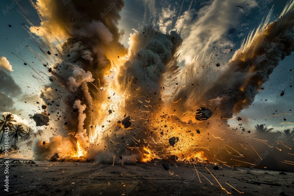 Poster Large explosion of fire and smoke in the sky, great for apocalyptic or disaster scenes