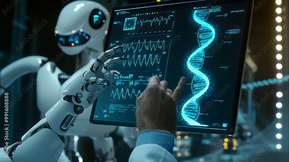 Aufkleber a robot's hand interacting with a digital display showing a dna strand