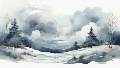 Winter atmosphere illustrated in watercolor technique showcasing gorgeous gray and detailed cloudscapes