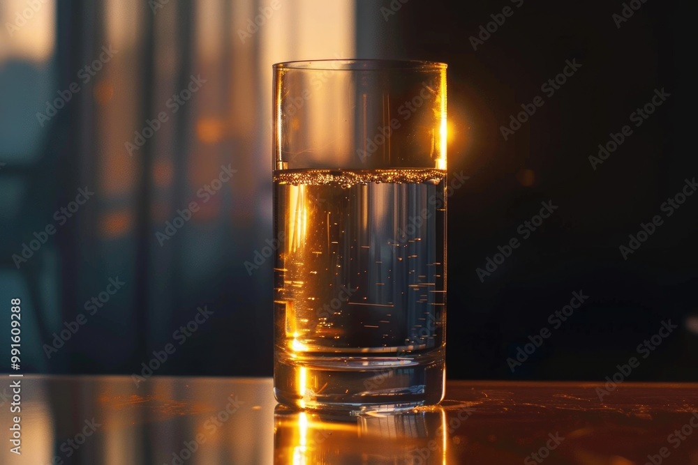 Poster A simple still life image of a glass of water placed on a table, perfect for use in designs where a calm and peaceful atmosphere is desired