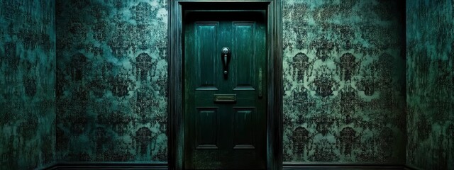Haunted house door slightly ajar, mist seeping through, old knocker hanging loose, pale green light inside