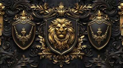 Golden lion head emblem on black background with ornate floral accents.