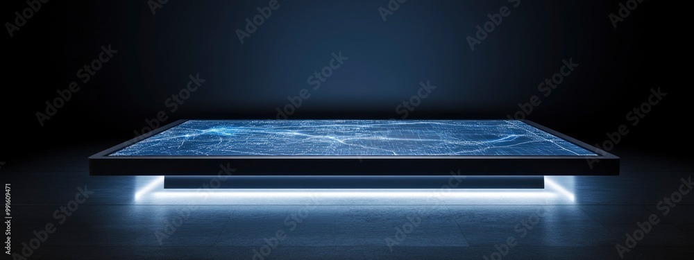 Poster holographic map floating above a desk, soft blue light illuminating data points and pathways