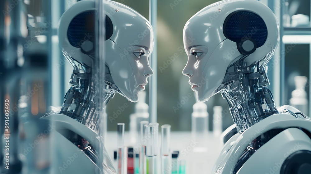 Poster two humanoid robots facing each other in a lab setting