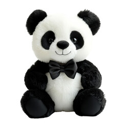A cute plush panda bear wearing a bow tie, seated with a friendly expression, showcasing its soft fur and charming features
