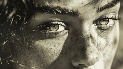 Obraz premium Portrait of a woman with distinctive freckles, great for beauty and lifestyle concepts