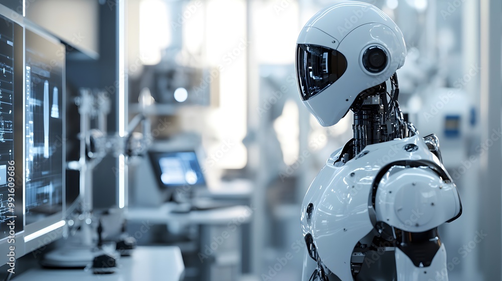 Poster a white humanoid robot in a modern laboratory setting