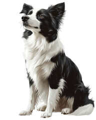 Fototapeta premium A detailed illustration of a black and white Border Collie sitting gracefully, showcasing its expressive features and fluffy fur