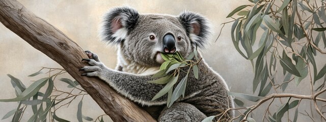 Fototapeta premium Koala chewing on eucalyptus leaves in a tree, relaxed posture, soft warm light filtering through the foliage