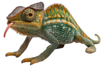 A vibrant chameleon with textured skin, prominent eyes, and a long tongue, showcasing a mix of green, orange, and yellow colors, poised in a dynamic stance