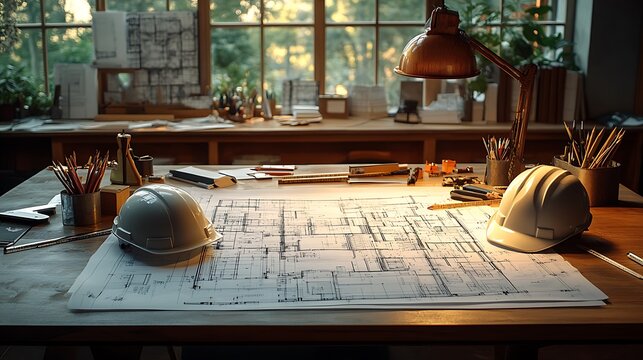 A large desk featuring a spread of architectural blueprints, pencils, and rulers scattered across, with a hard hat positioned beside the plans.