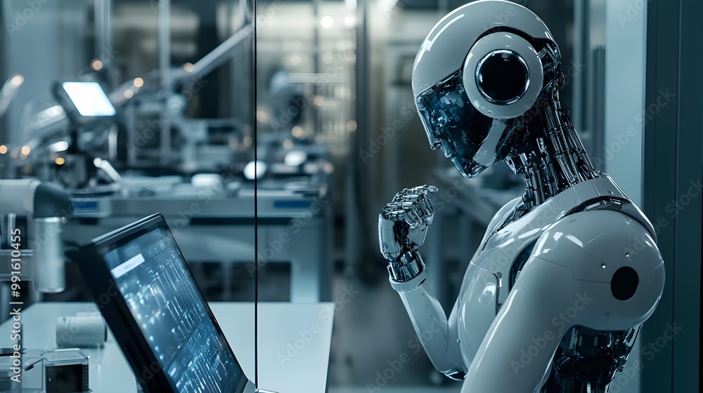 Poster white humanoid robot thinking while working on a computer in a laboratory