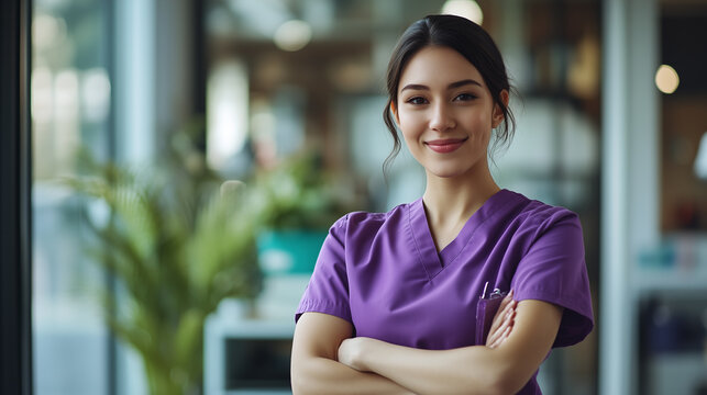 A beautiful young nurse in purple scrubs stands with her arms crossed and smiles at the camera, standing in a hospital background