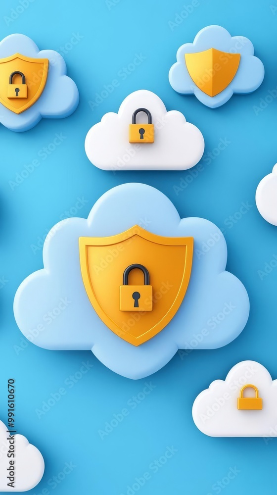 Poster flat design cloud icons with shields and padlocks representing endtoend security solutions