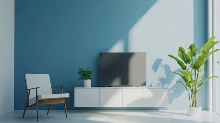 Modern Living Room Interior with TV Stand, Blue Wall, and Cozy Armchair