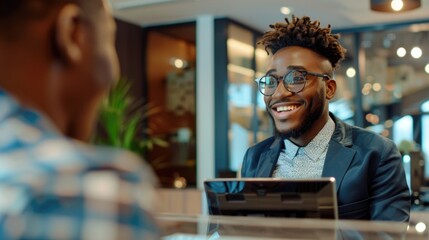 Obraz premium A person in a suit sits at a table with a laptop, focused on work