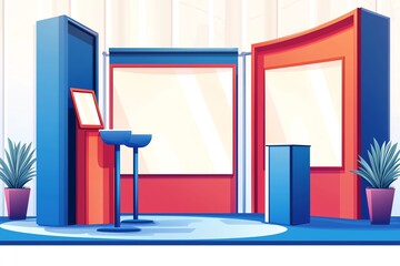 Modern exhibition booth design with vibrant colors and plants.