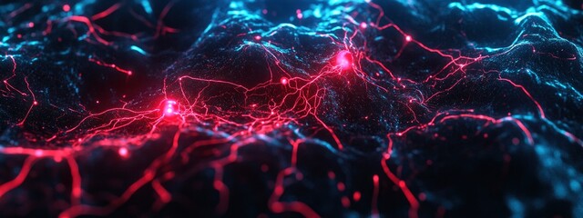 Obraz premium Quantum computing interface displaying entangled particles, soft red and blue glow from the screen