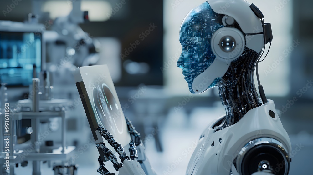 Poster advanced humanoid robot examining a digital display