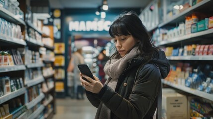 A woman looks at her cell phone while shopping in a store
